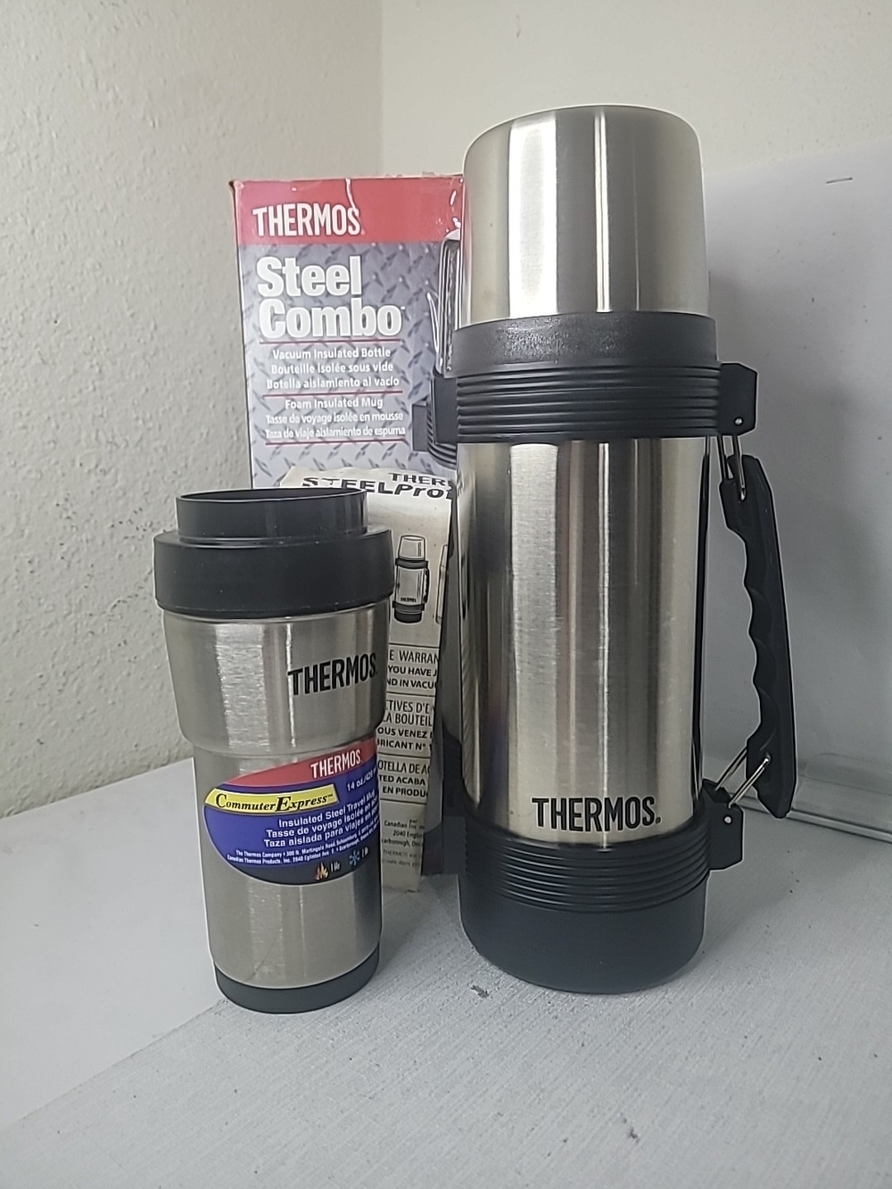 Vtg Thermos Stainless Steel Vacuum Insulated Bottle - Red and Silver